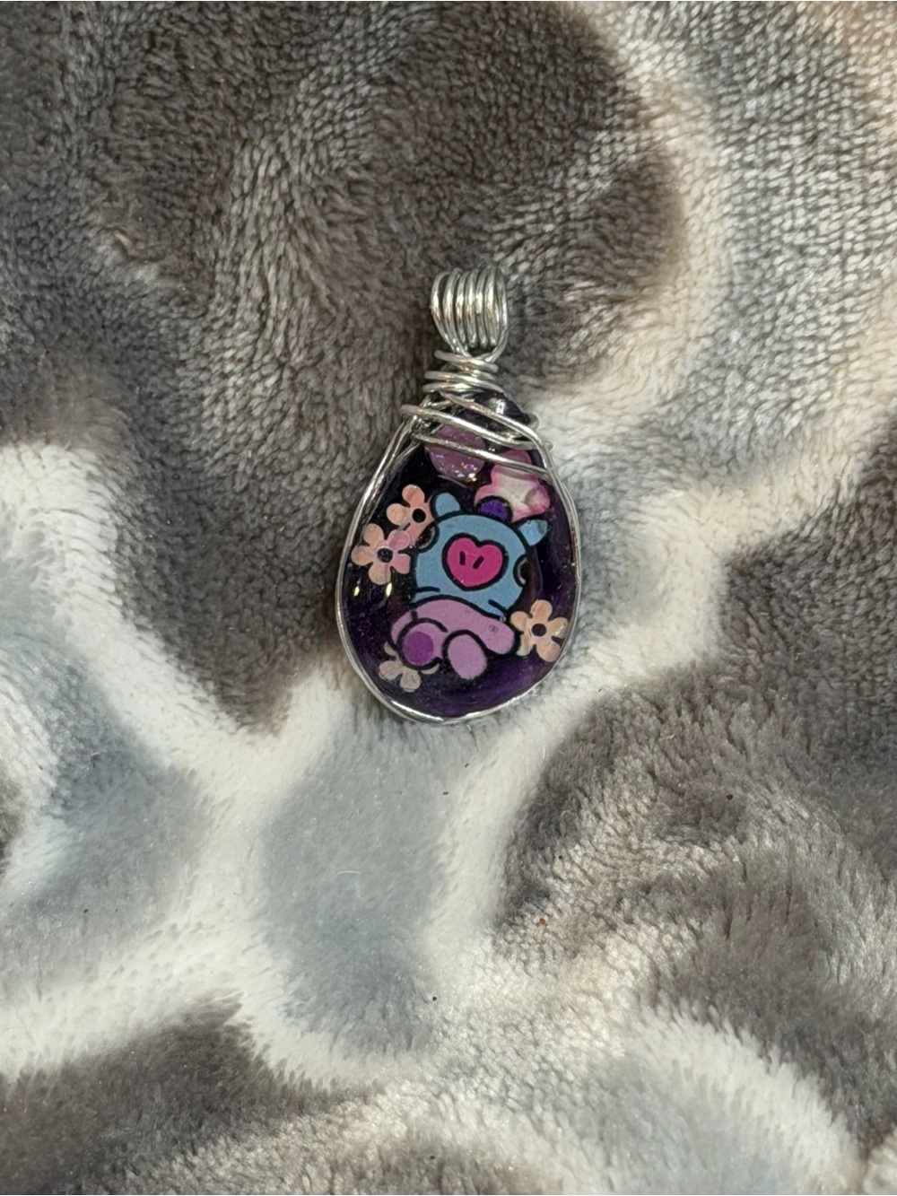 Purple Floral Cartoon Pig Wire-Wrapped Pendant Necklace K-pop inspired
